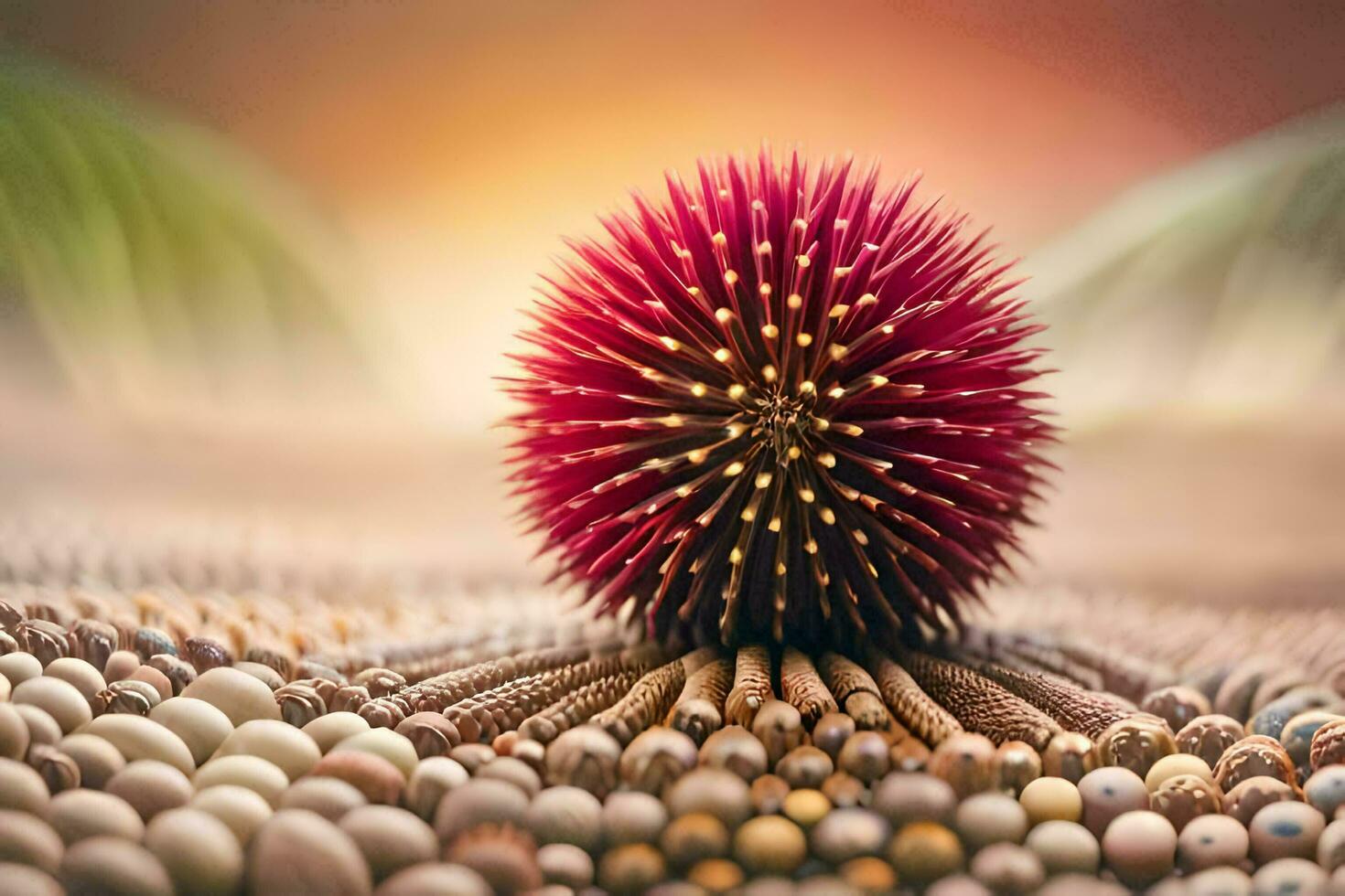 uma vermelho espetado bola senta em topo do uma pilha do pequeno bolas. gerado por IA foto