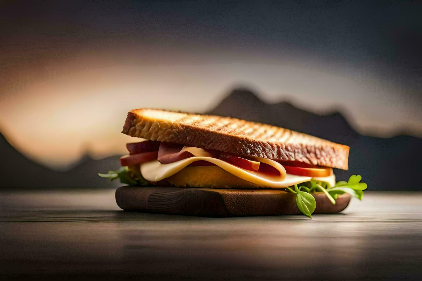 uma sanduíche com queijo e carne em uma de madeira borda. gerado por IA foto