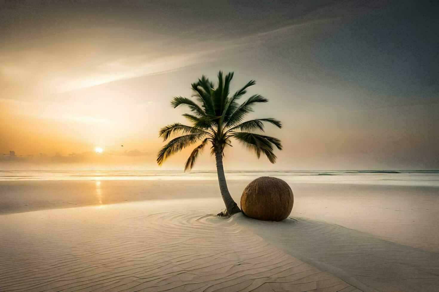 uma coco bola em a de praia às pôr do sol. gerado por IA foto