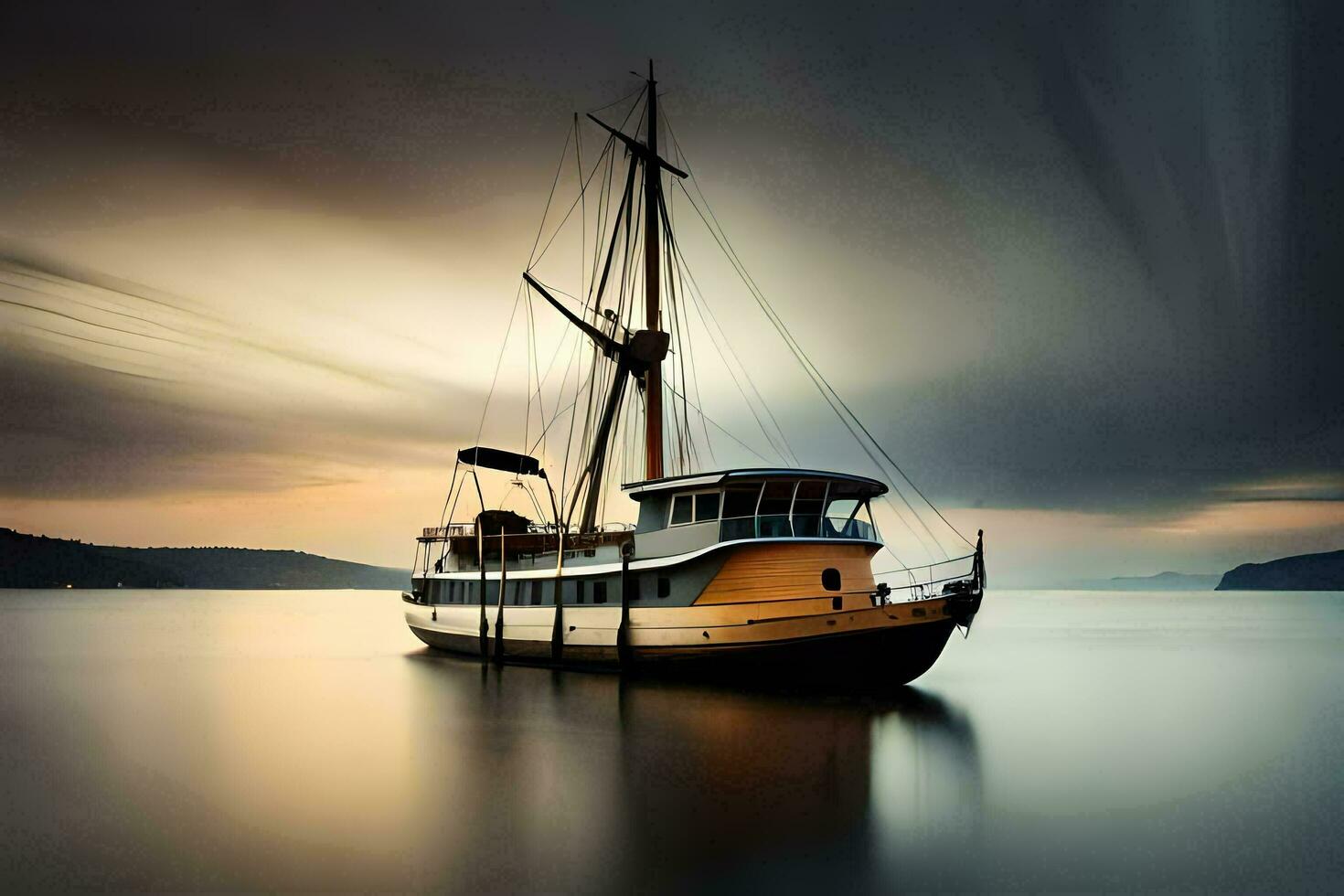 uma barco é flutuando dentro a água às pôr do sol. gerado por IA foto