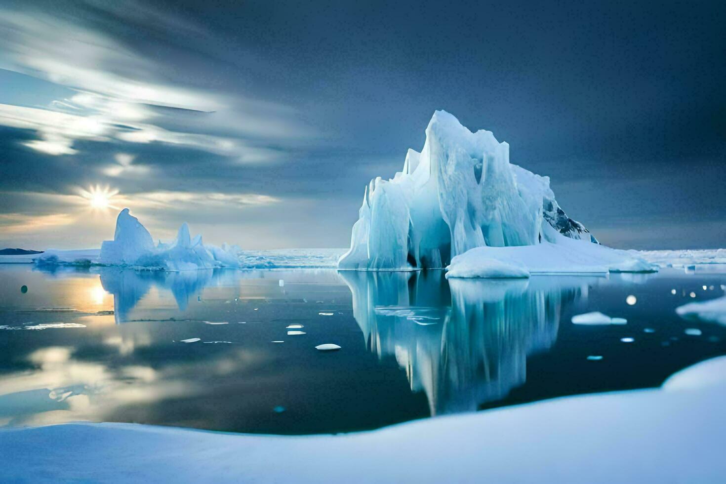 icebergs estão flutuando dentro a água com uma nublado céu. gerado por IA foto
