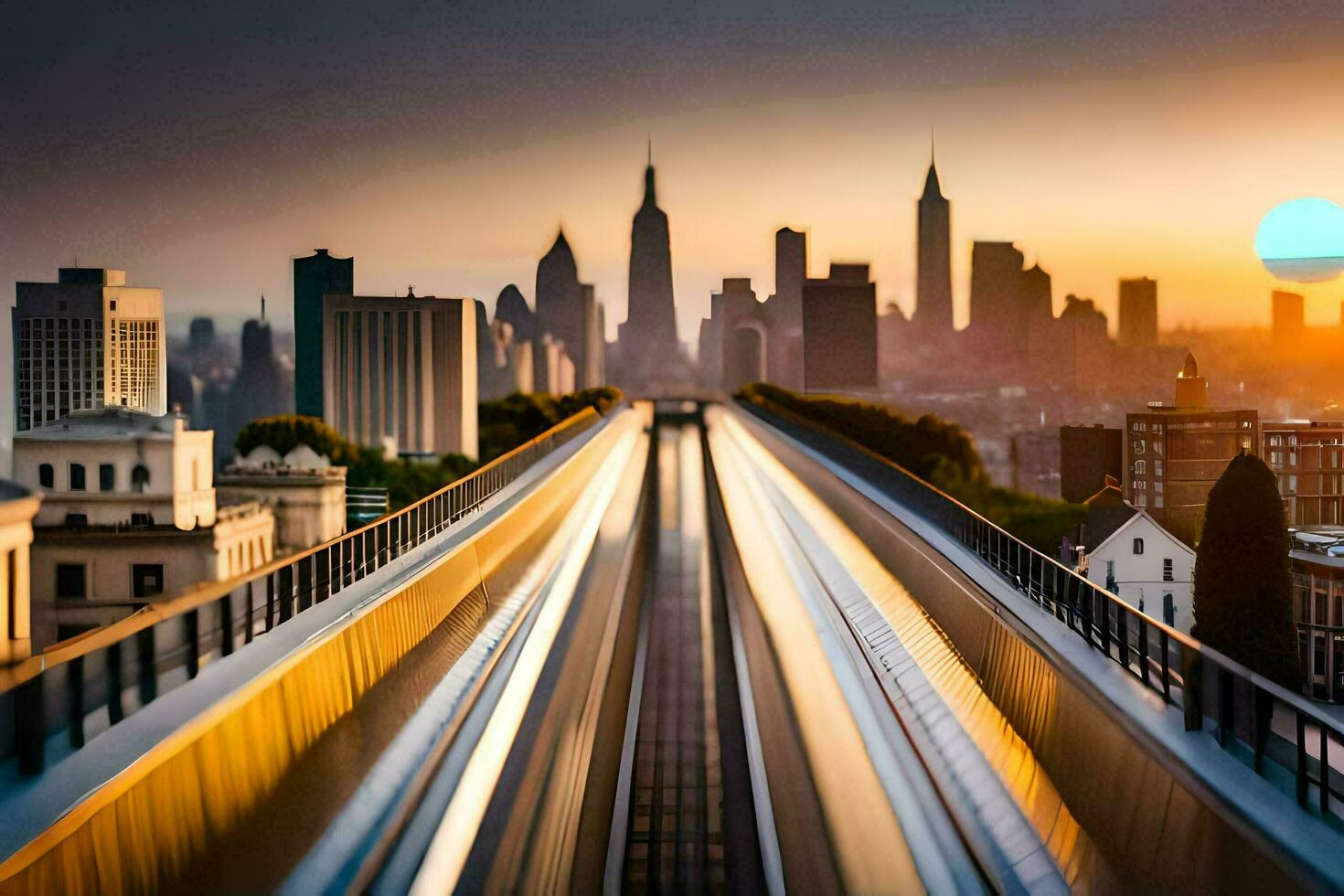 uma trem viajando através a cidade às pôr do sol. gerado por IA foto