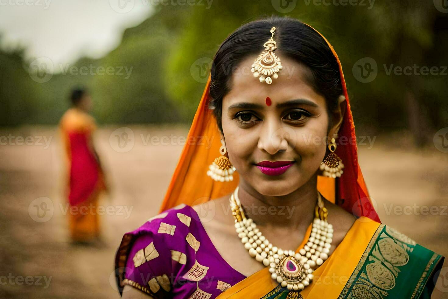 uma mulher dentro uma sari poses para uma foto. gerado por IA foto