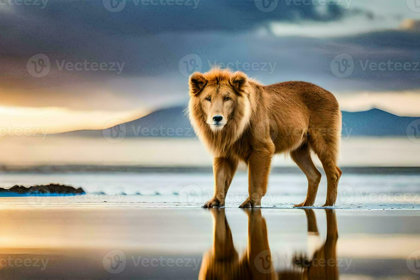 uma leão em pé em a de praia às pôr do sol. gerado por IA foto