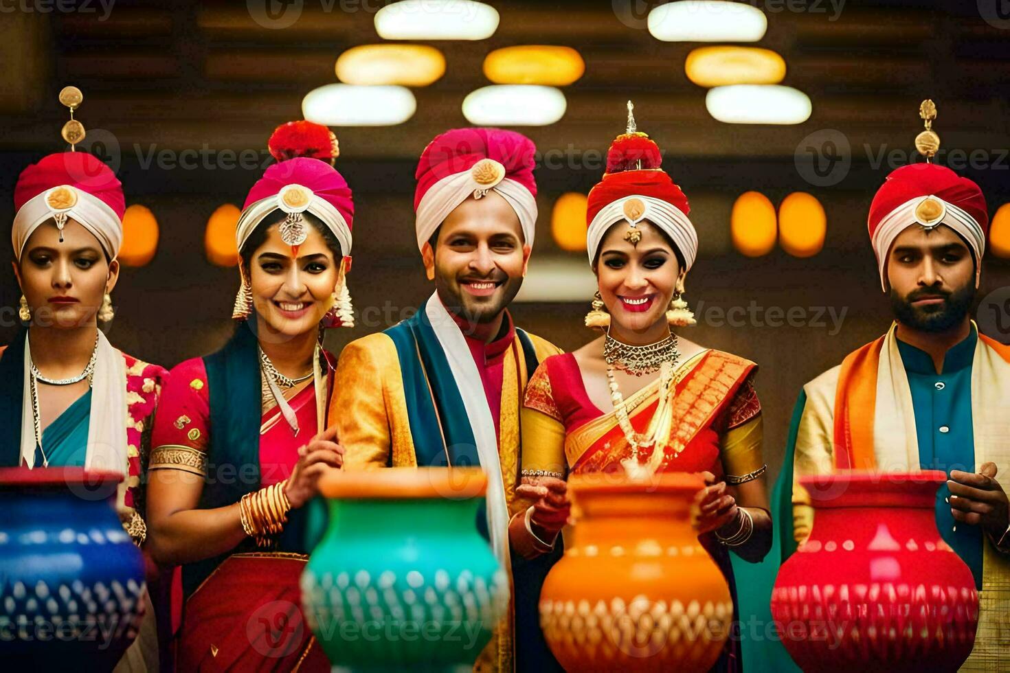 uma grupo do pessoas dentro tradicional indiano traje. gerado por IA foto