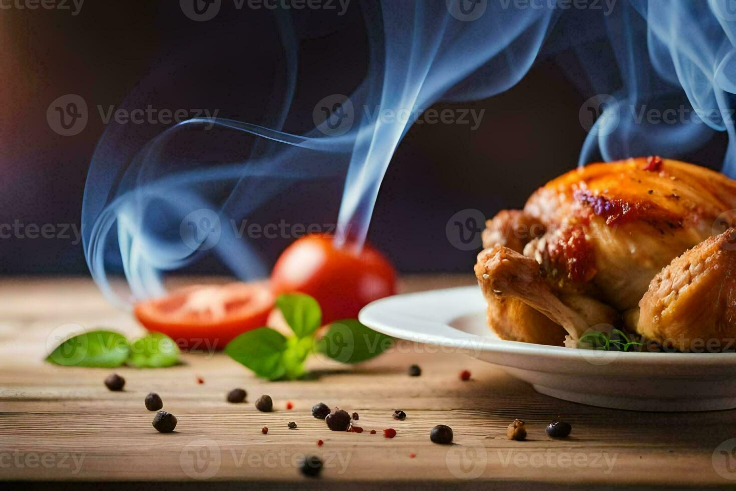 uma frango em uma prato com fumaça chegando Fora do isto. gerado por IA foto