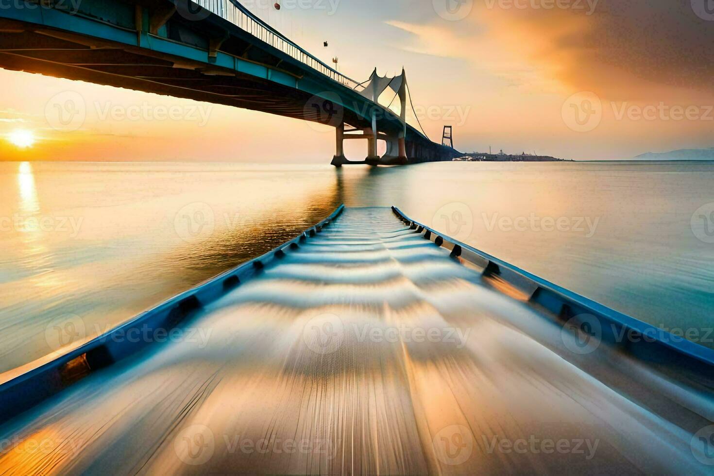 uma barco é viajando debaixo uma ponte às pôr do sol. gerado por IA foto