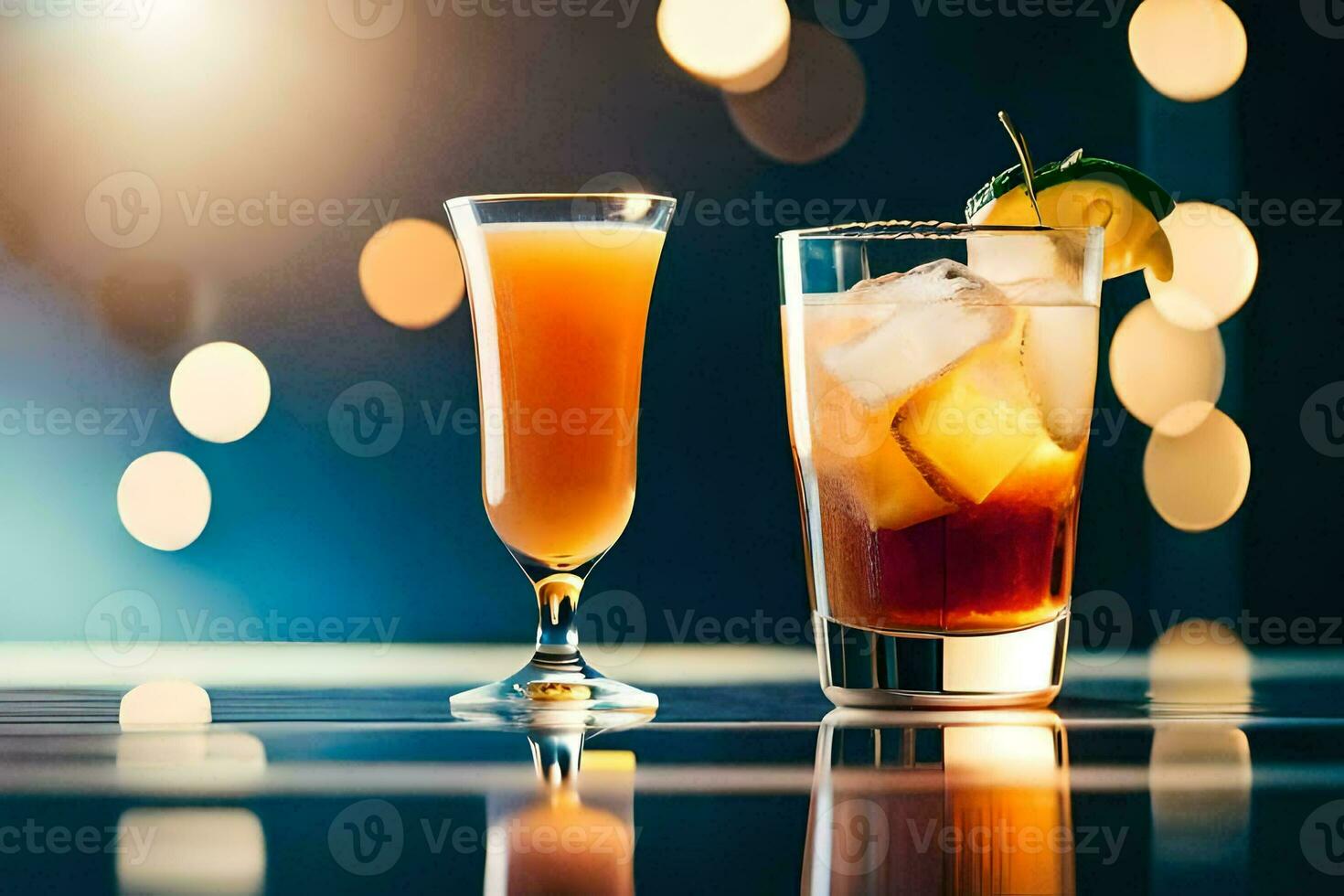 dois bebidas sentar em uma mesa com uma brilhante luz atrás eles. gerado por IA foto