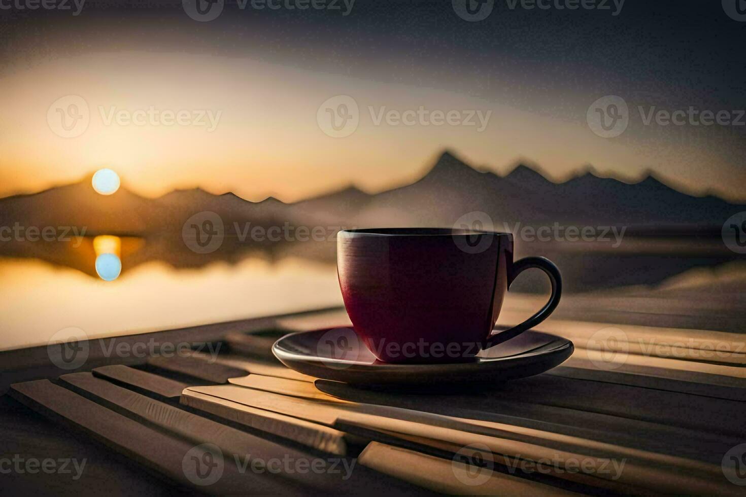 uma copo do café em uma de madeira mesa com montanhas dentro a fundo. gerado por IA foto