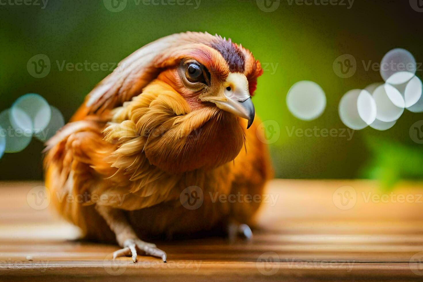 uma pequeno Castanho frango sentado em uma de madeira mesa. gerado por IA foto