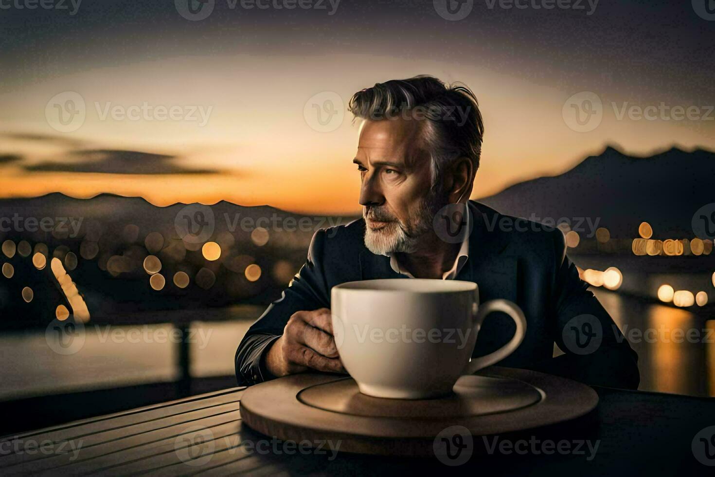 uma homem com uma barba e terno sentado às uma mesa com uma copo do café. gerado por IA foto