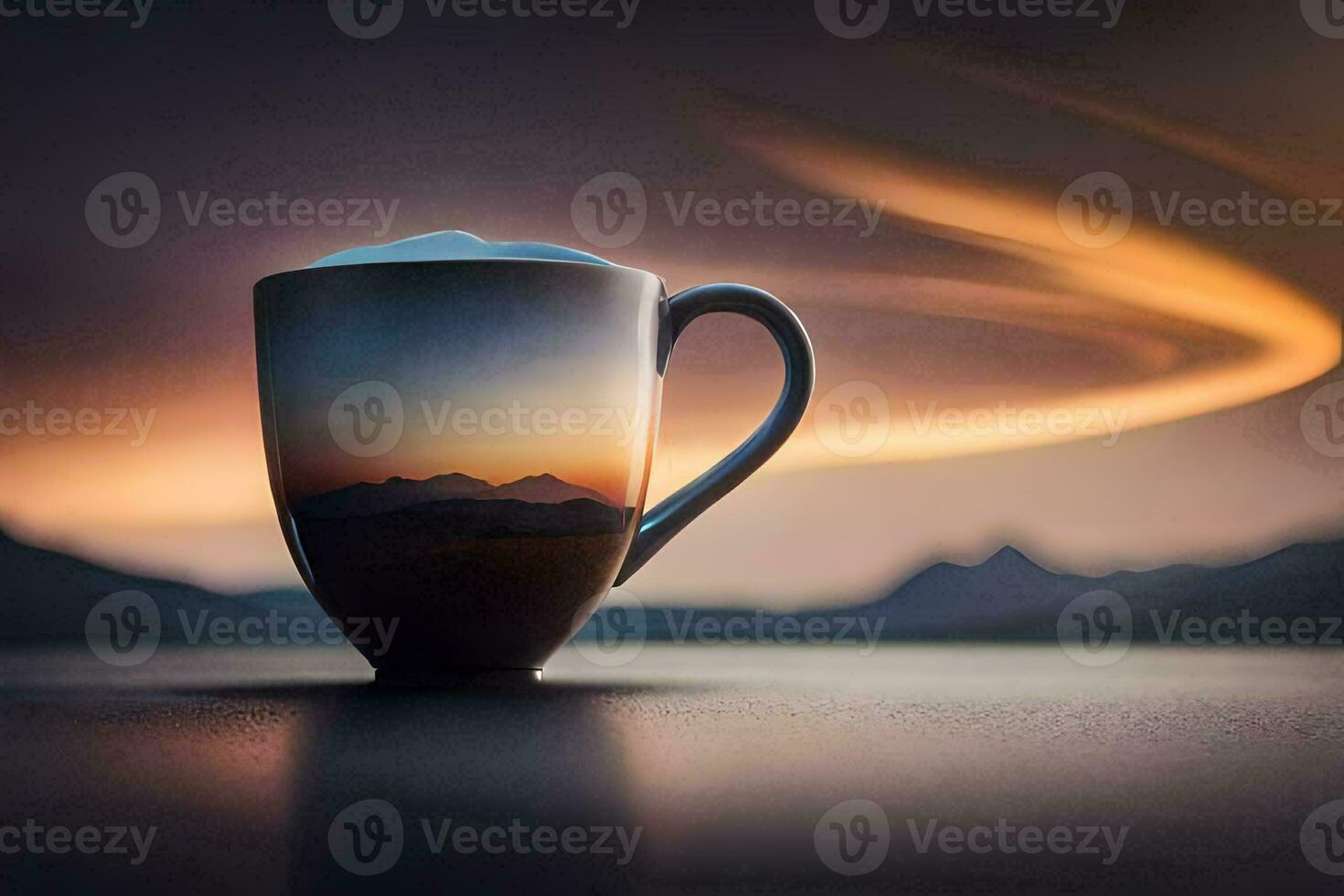 uma copo do café com uma montanha dentro a fundo. gerado por IA foto