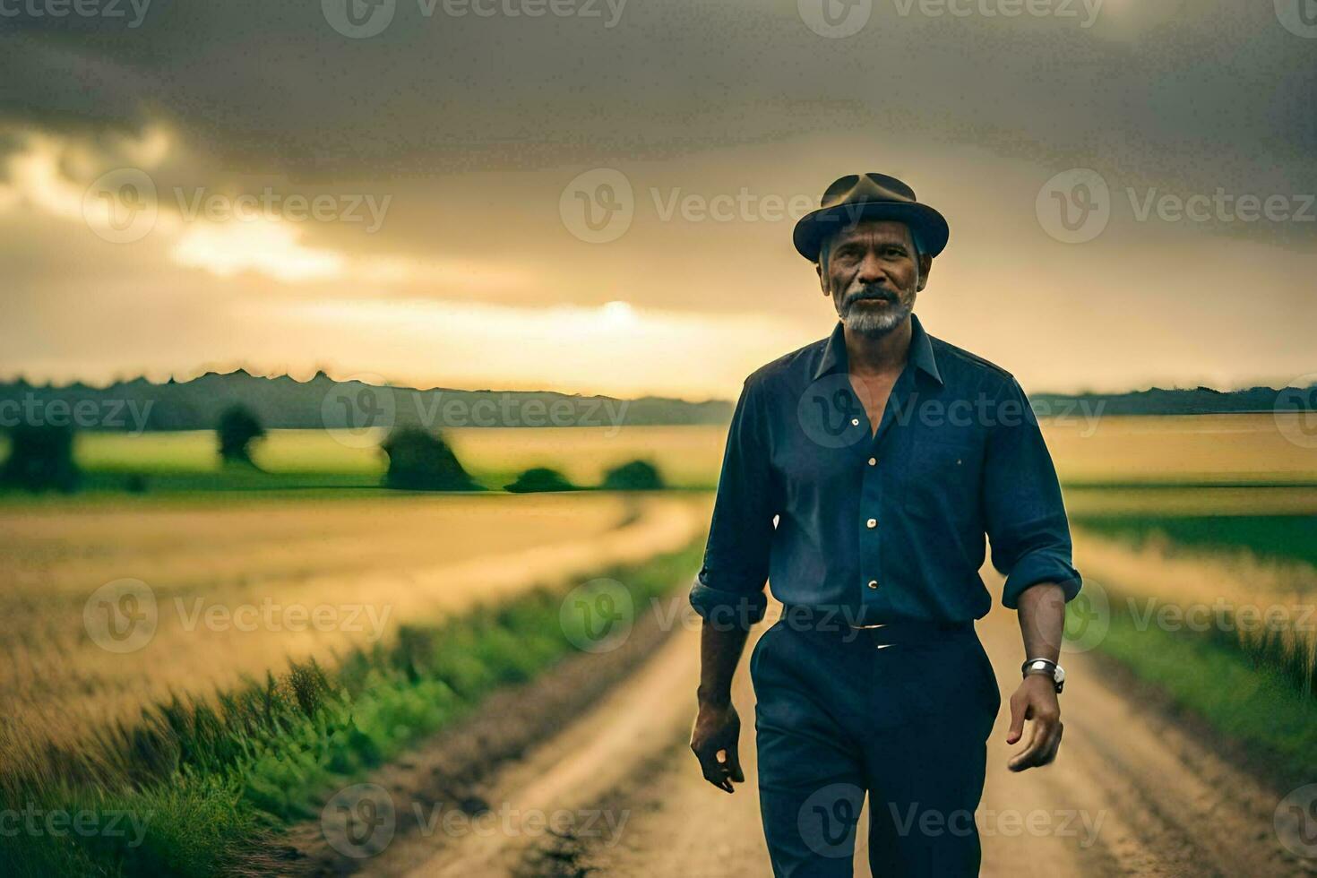 uma homem caminhando baixa uma sujeira estrada dentro uma campo. gerado por IA foto