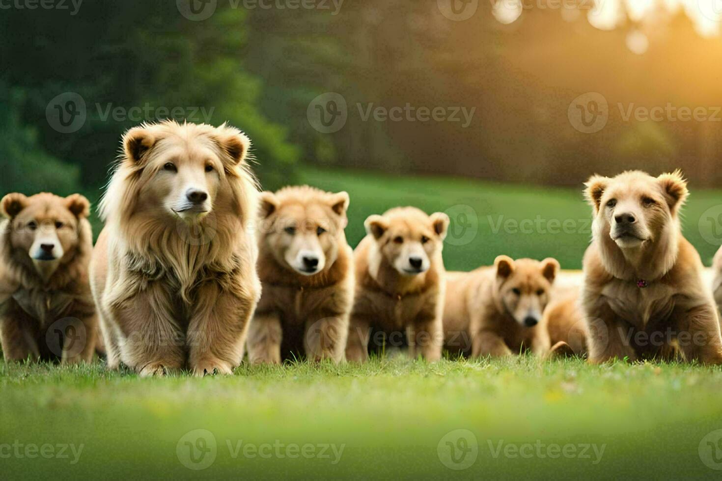 uma grupo do Castanho cachorros em pé dentro a grama. gerado por IA foto