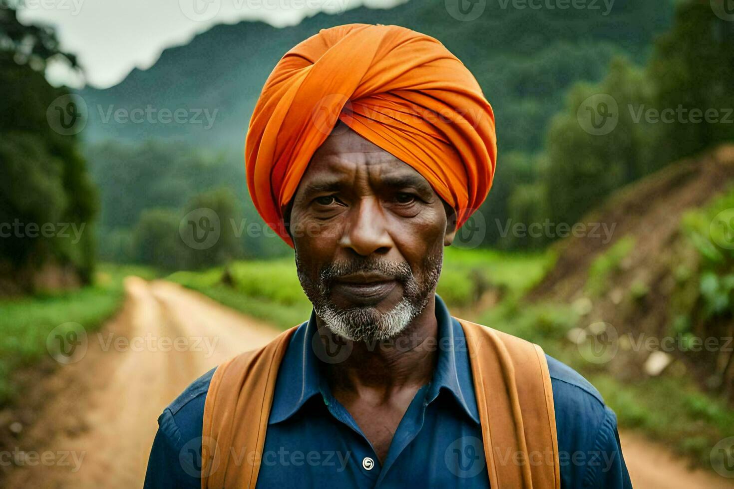 a africano homem vestindo a laranja turbante em uma sujeira estrada. gerado por IA foto