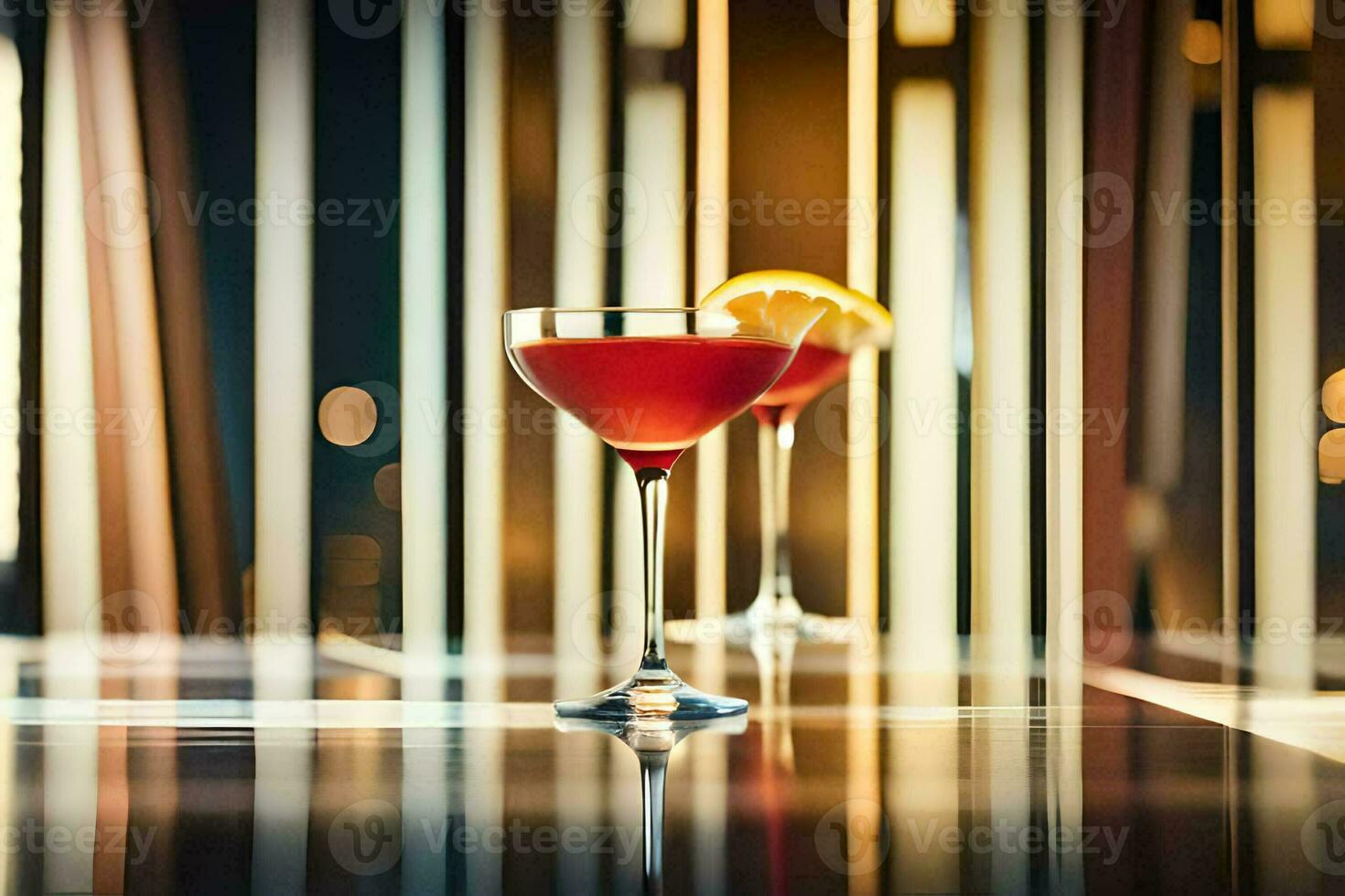 dois óculos do vermelho vinho sentado em uma mesa. gerado por IA foto