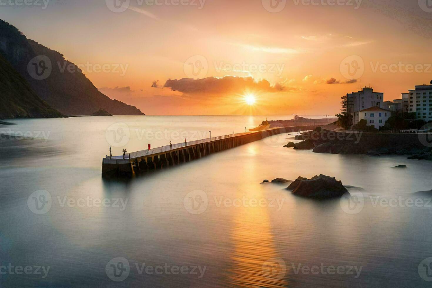 a Sol conjuntos sobre uma cais dentro a oceano. gerado por IA foto