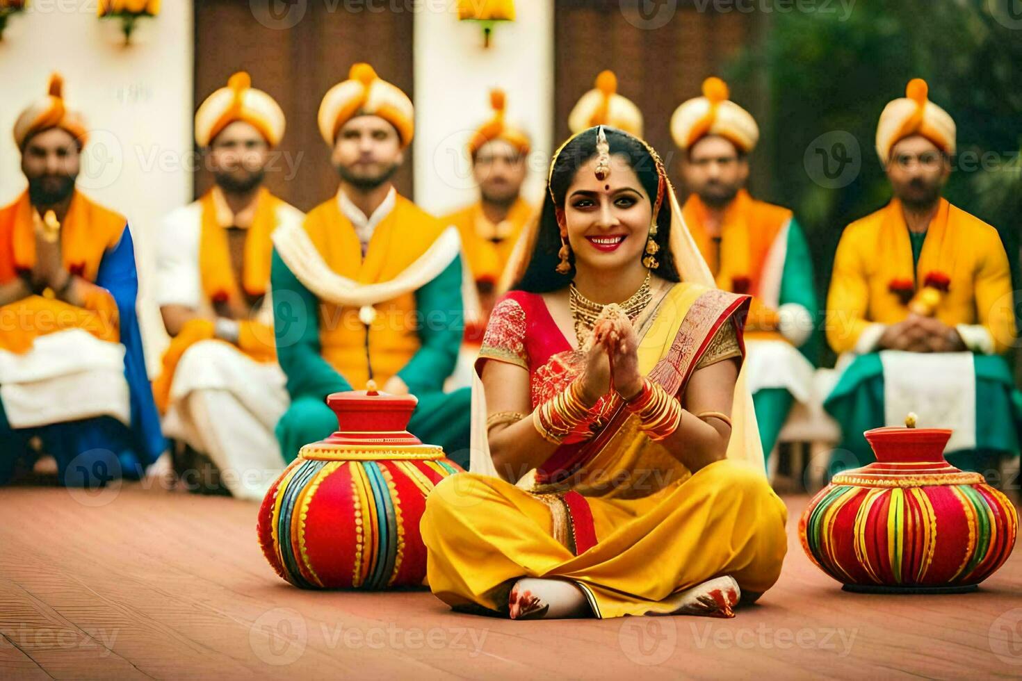 uma mulher dentro tradicional indiano vestuário senta em a terra com de outros pessoas. gerado por IA foto