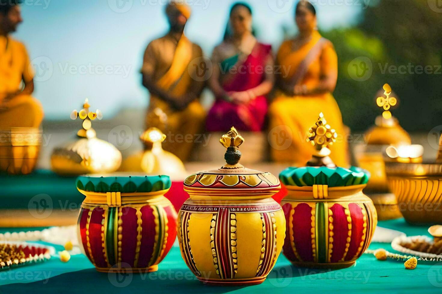 uma grupo do pessoas dentro tradicional indiano vestuário sentar por aí uma mesa com panelas e frascos. gerado por IA foto