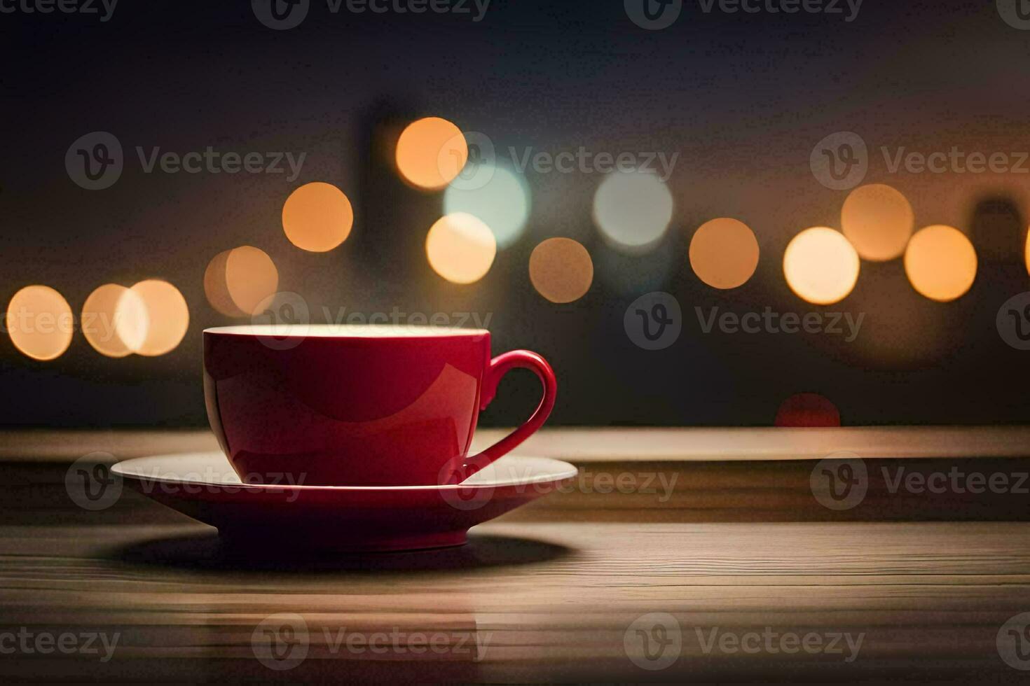 uma vermelho copo senta em uma de madeira mesa com uma paisagem urbana dentro a fundo. gerado por IA foto