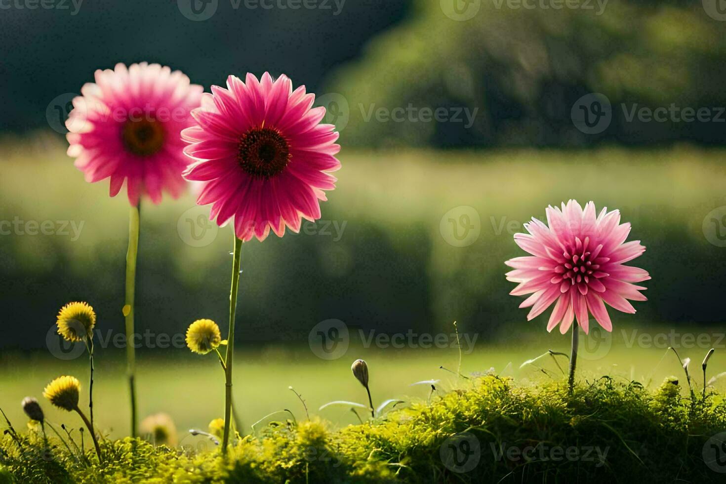 três Rosa flores estão em pé dentro a grama. gerado por IA foto