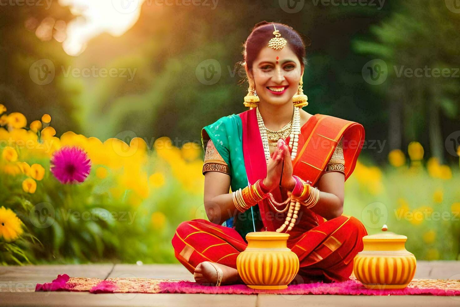 lindo indiano mulher dentro tradicional vestuário sentado em a terra com potes. gerado por IA foto