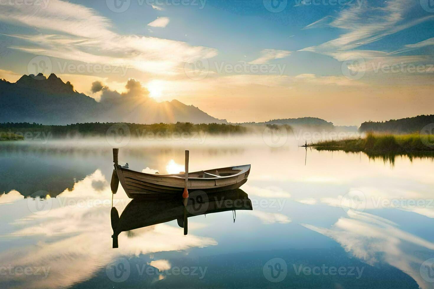 uma barco senta em a água às nascer do sol. gerado por IA foto