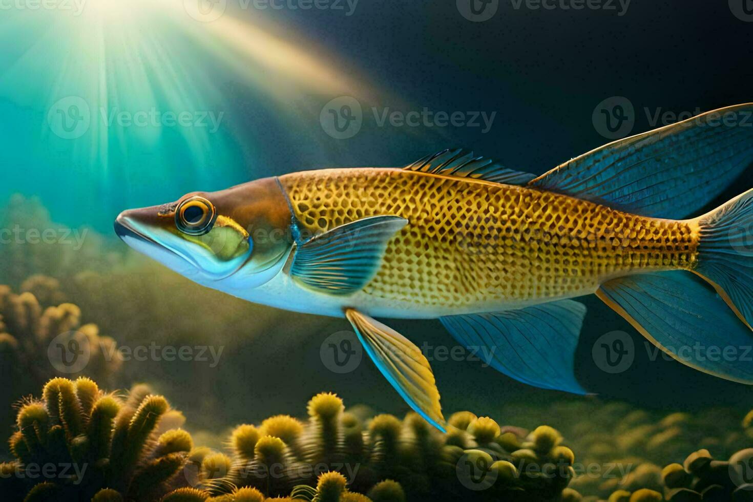 uma peixe natação dentro a oceano com luz solar brilhando. gerado por IA foto