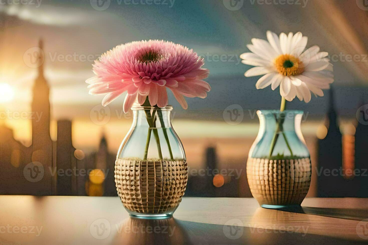 dois vasos com flores em uma mesa dentro frente do uma cidade Horizonte. gerado por IA foto
