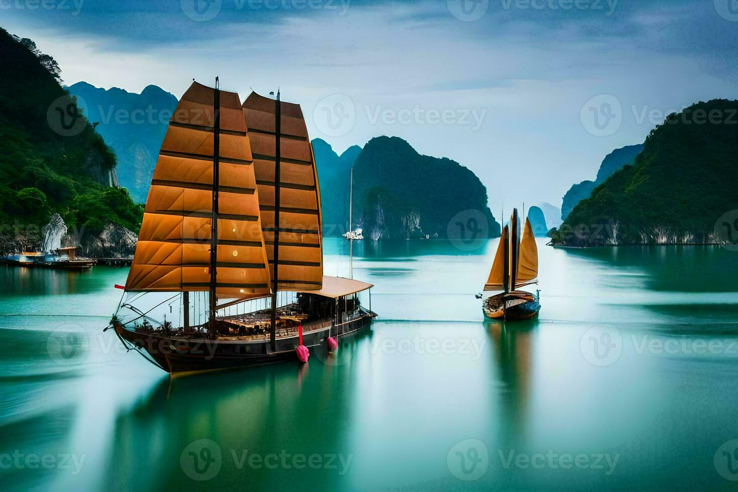 dois barcos dentro a água perto montanhas. gerado por IA foto