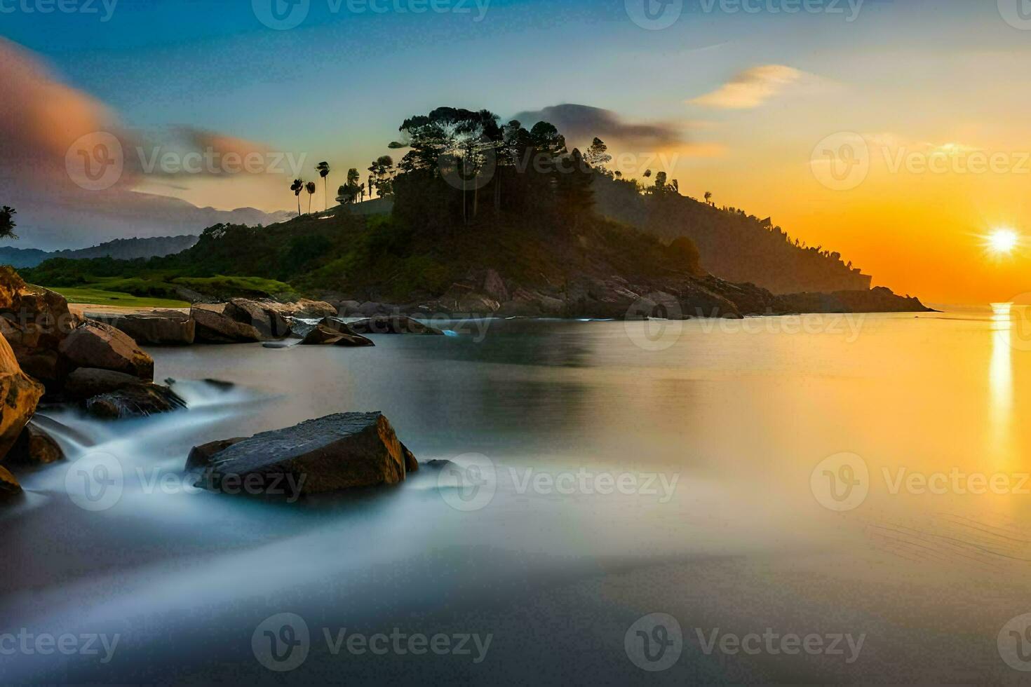 a Sol conjuntos sobre a oceano e pedras dentro a primeiro plano. gerado por IA foto