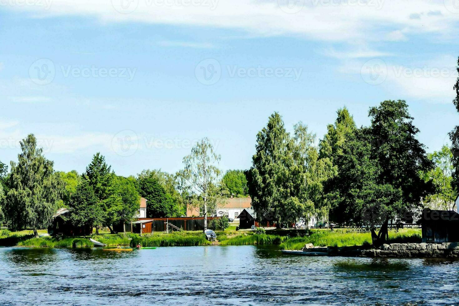 uma rio com casas em a costa e árvores foto