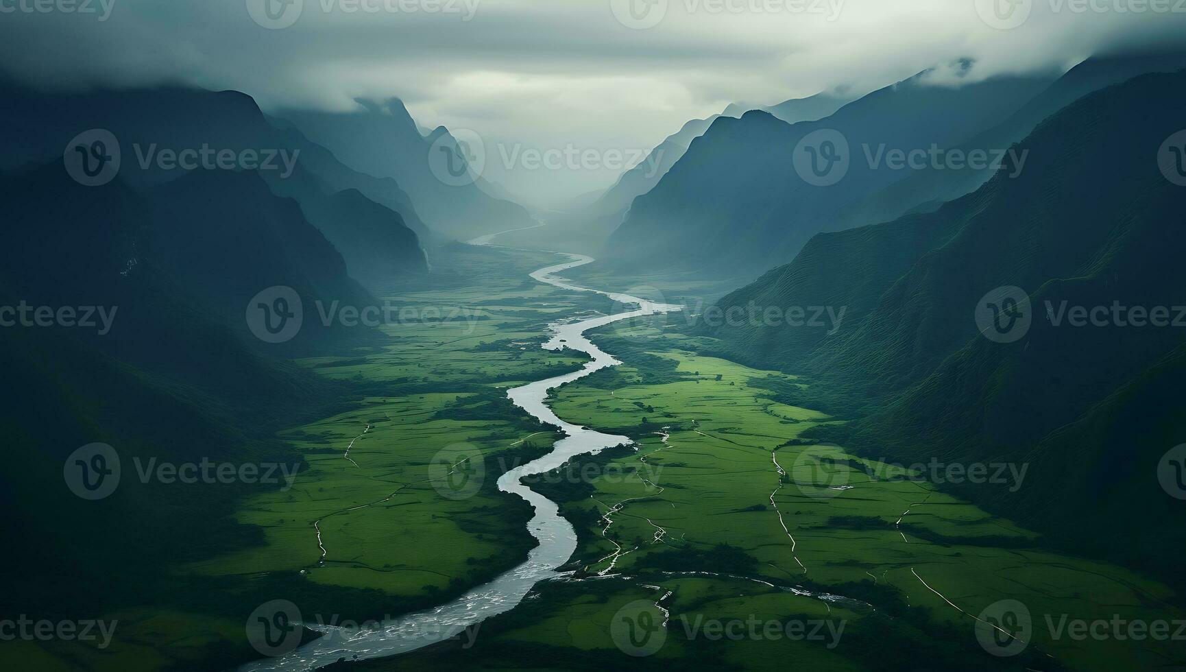 lindo montanha panorama com uma rio dentro a meio do a vale ai gerado foto