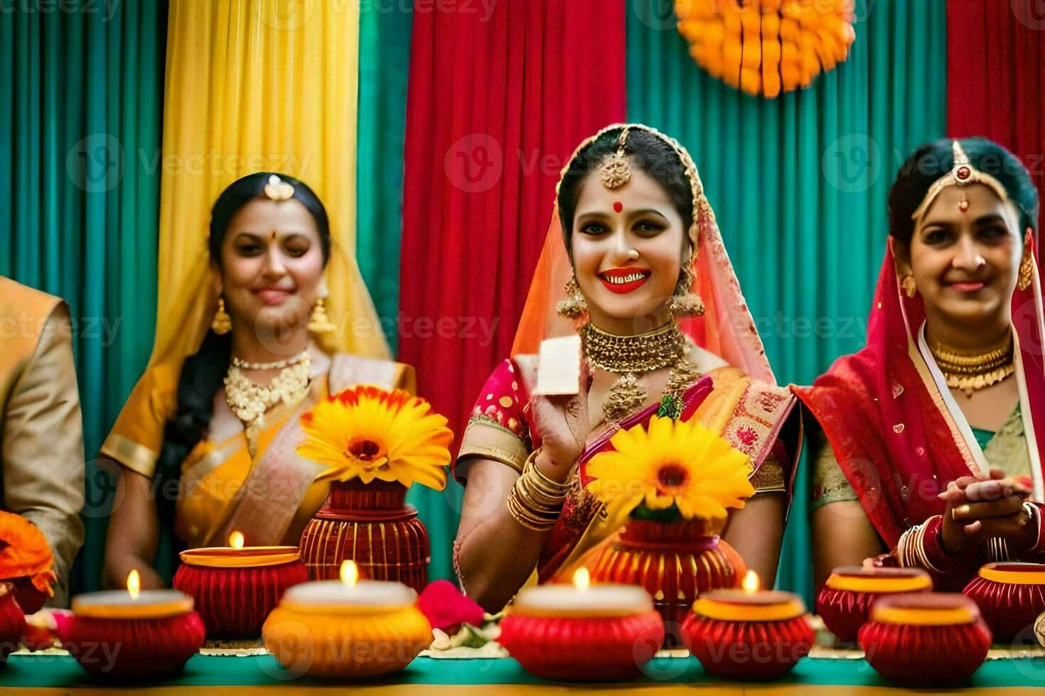 indiano Casamento cerimônia com noiva e noivo. gerado por IA foto