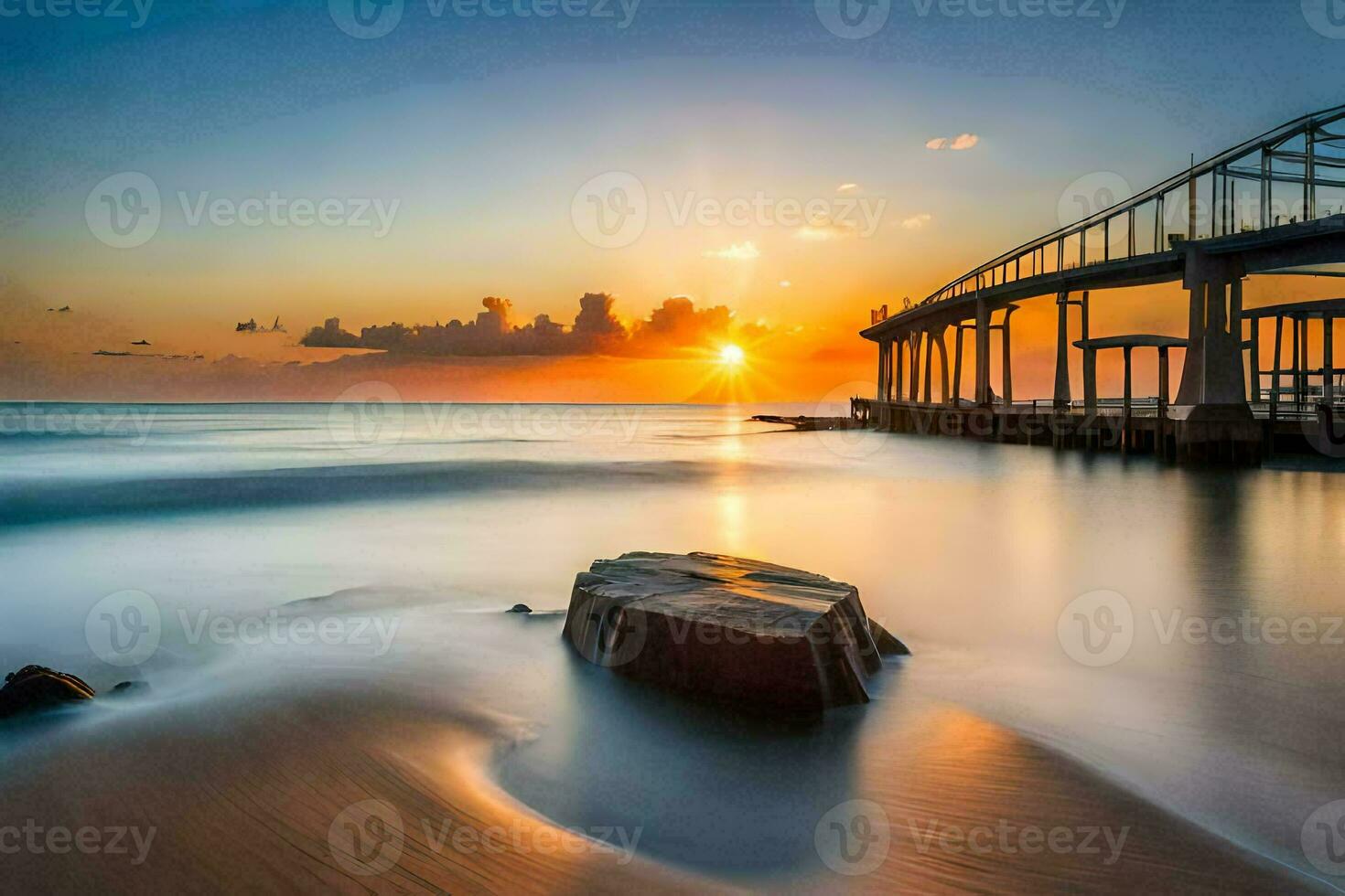 uma cais às pôr do sol com pedras e água. gerado por IA foto