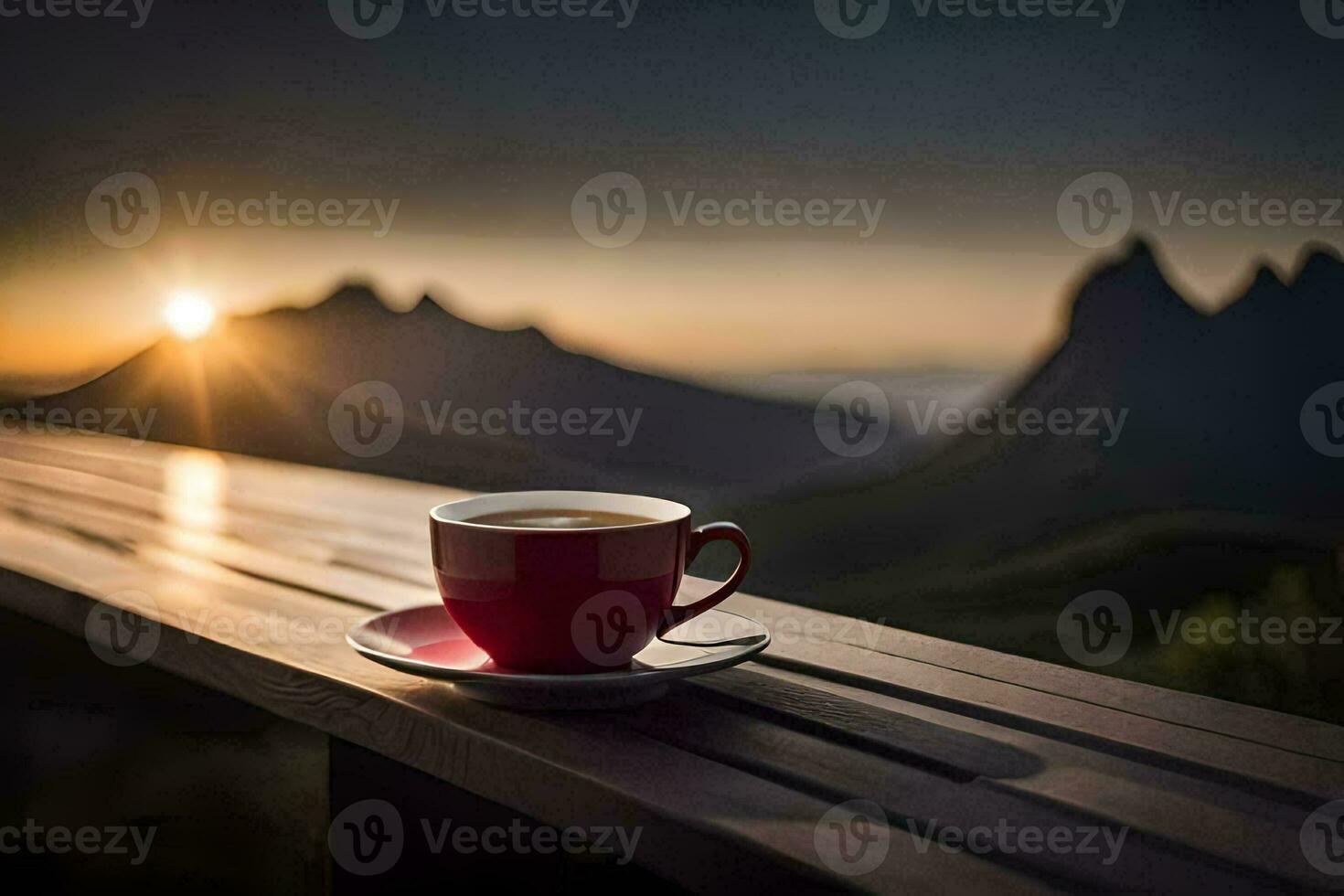 café, a montanhas, a nascer do sol, a montanhas, a nascer do sol, a montanhas, o. gerado por IA foto
