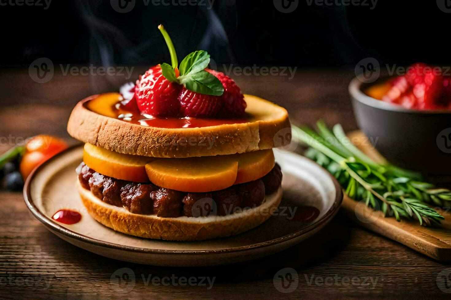 uma Hamburger com fruta e uma lado do bagas. gerado por IA foto