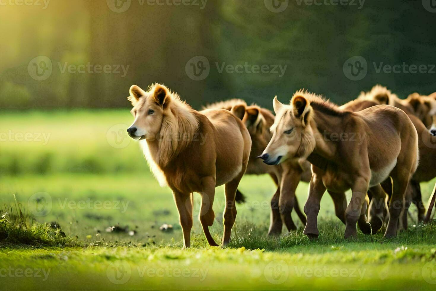 uma rebanho do cavalos corrida através uma campo. gerado por IA foto