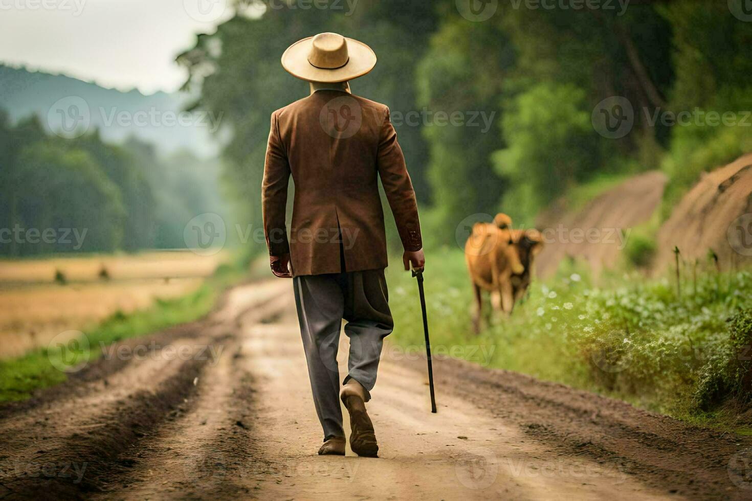 uma homem caminhando baixa uma sujeira estrada com vacas dentro a fundo. gerado por IA foto