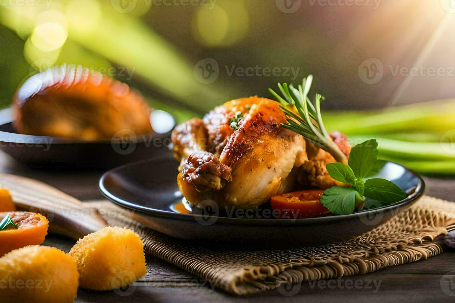 uma prato do frango com legumes e uma faca. gerado por IA foto