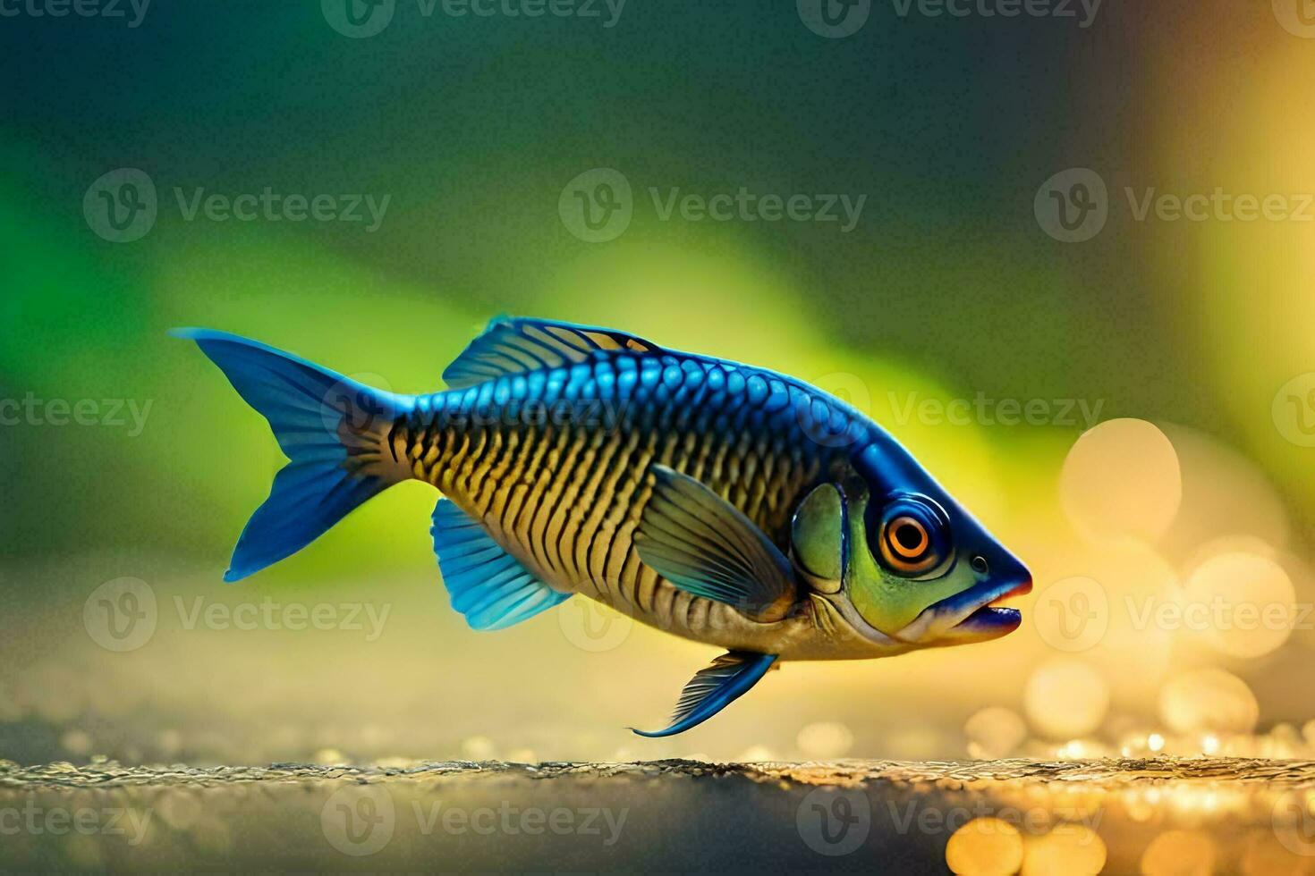 uma peixe é em pé em a terra com uma embaçado fundo. gerado por IA foto