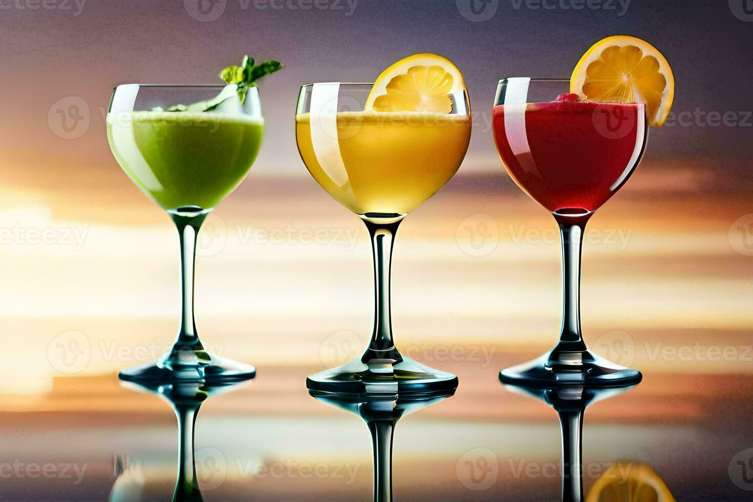 três óculos do diferente colori bebidas em uma mesa. gerado por IA foto