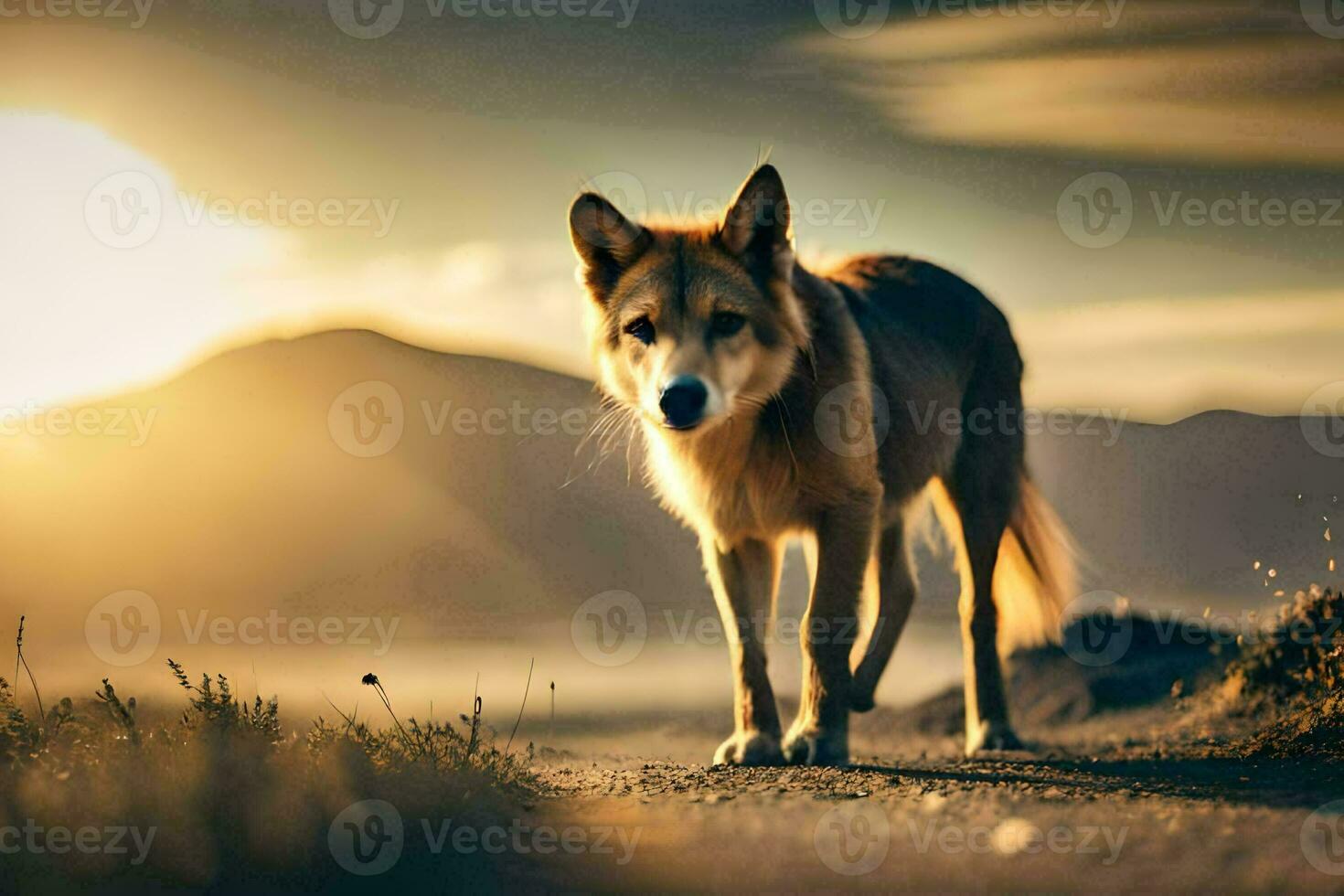 uma cachorro é caminhando em uma estrada às pôr do sol. gerado por IA foto