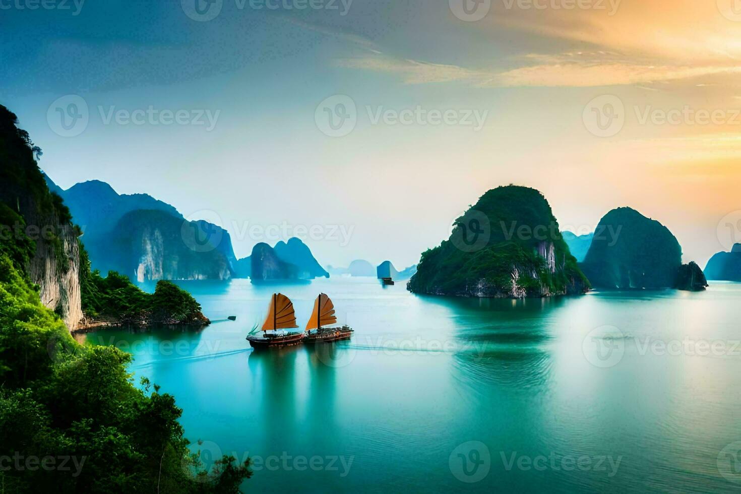 a pôr do sol sobre Halong baía. gerado por IA foto