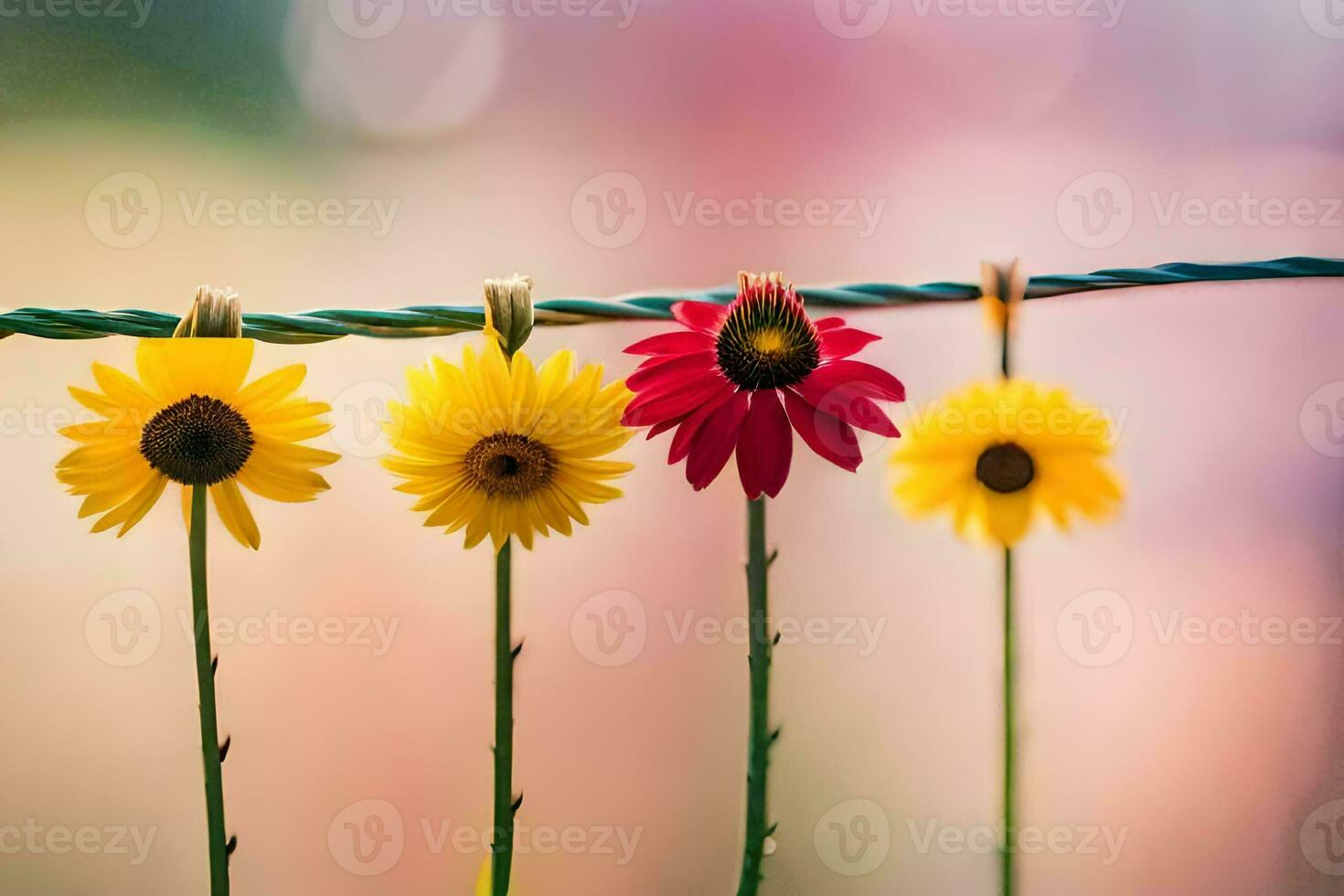 quatro flores estão suspensão em uma arame. gerado por IA foto