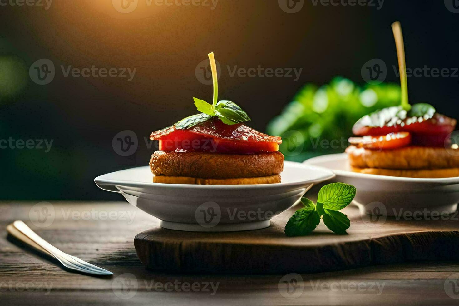 dois pequeno pratos com Comida em eles. gerado por IA foto