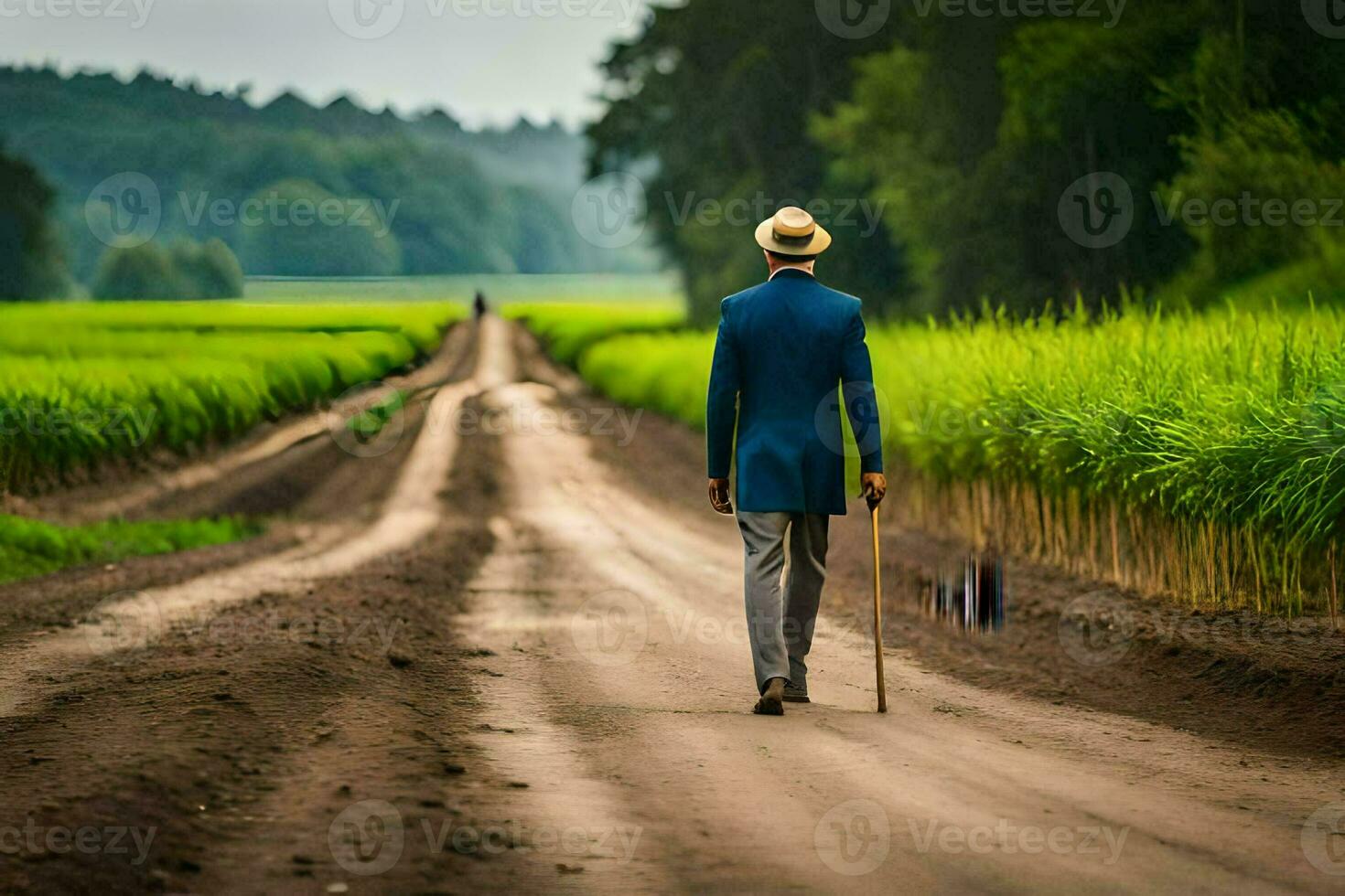 uma homem dentro uma azul terno anda em baixa uma sujeira estrada. gerado por IA foto