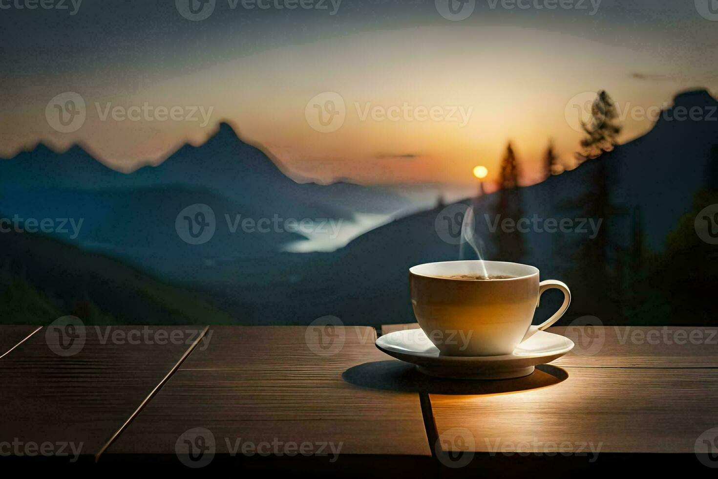 café copo em a mesa com montanhas dentro a fundo. gerado por IA foto