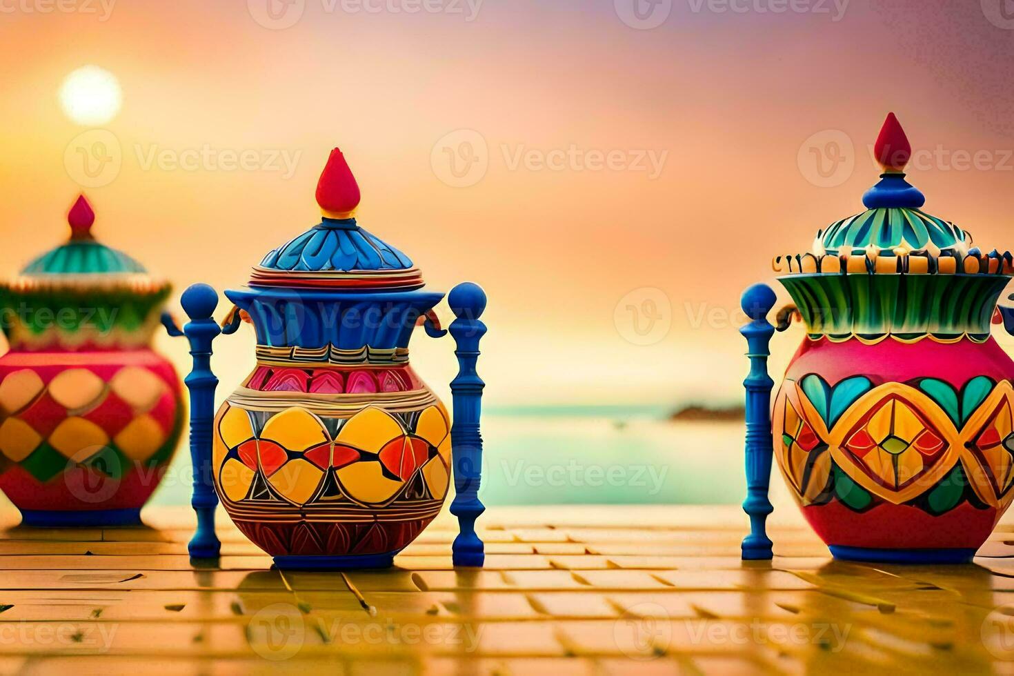 colorida vasos em uma de praia às pôr do sol. gerado por IA foto