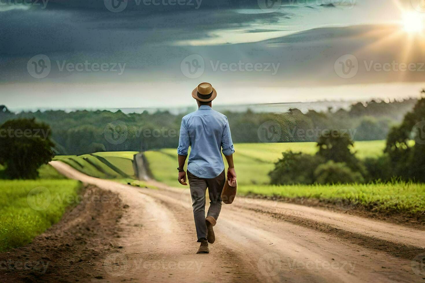 homem caminhando em uma sujeira estrada com uma chapéu e mala. gerado por IA foto